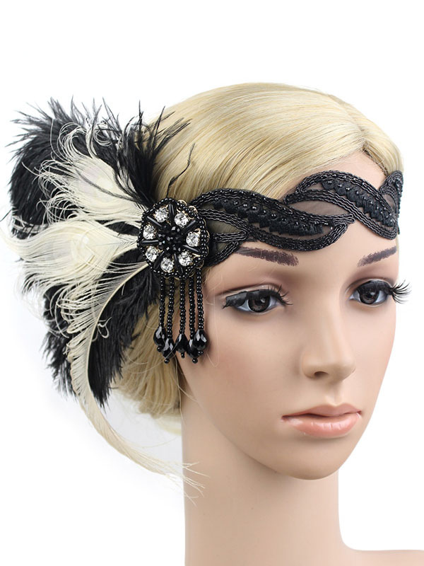 Damen Vintage Style Feder 1920er Jahre Kopfbedeckung Flapper Stirnband Schwarz 2