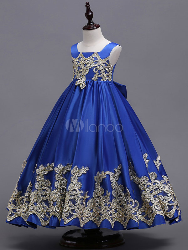 Flower Girl Dresses Royal Blue Kids Pageant Dress Lace Embroidered Ball
