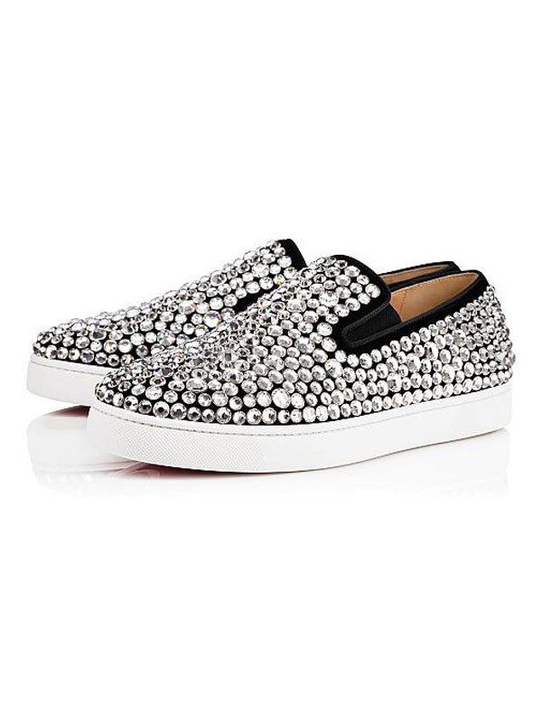 Men Black Loafers Round Toe Rhinestones Slip On Shoes Prom Shoes