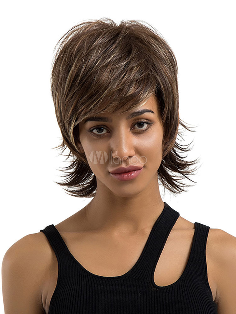 Human Hair Wigs Women Dark Brown Layered Short Hair Wigs With Side Bangs