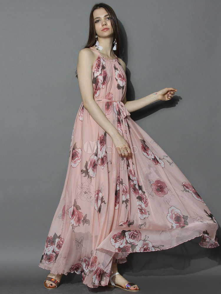 vestido longo rosa floral