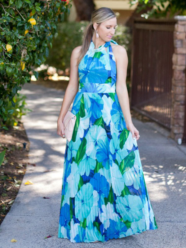 Floral Maxi Dress Sleeveless High Collar Backless Chiffon Blue Summer ...