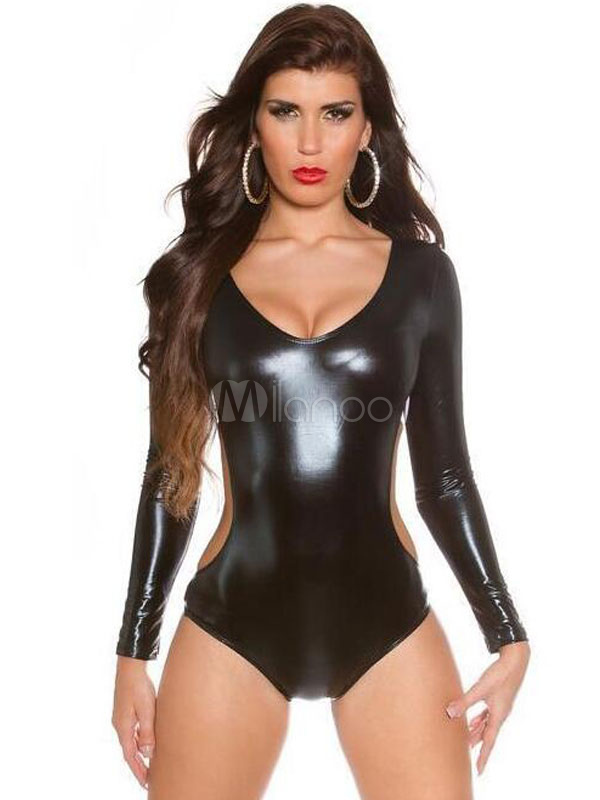 Pole Dancing Bodysuit Black Long Sleeve V Neck Backless Sexy Clubwear