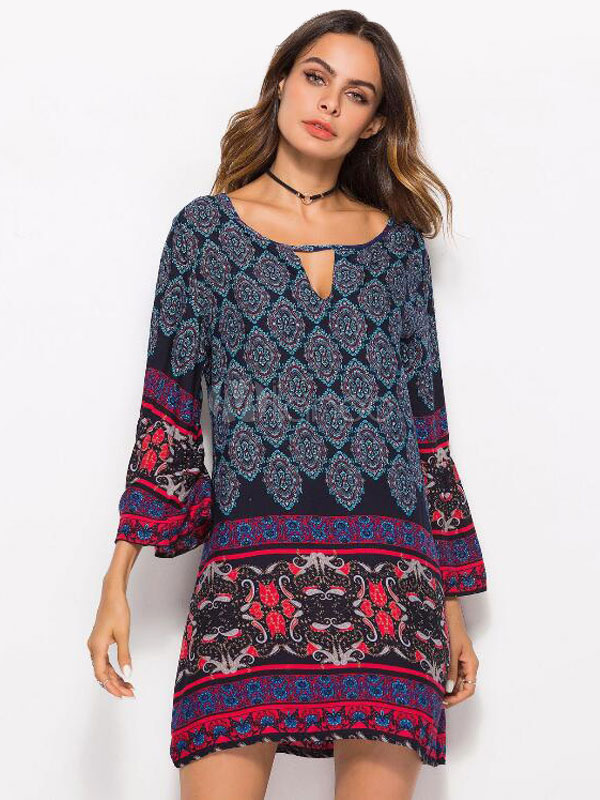 Boho Shift Dress Long Sleeve Printed Summer Dress - Milanoo.com