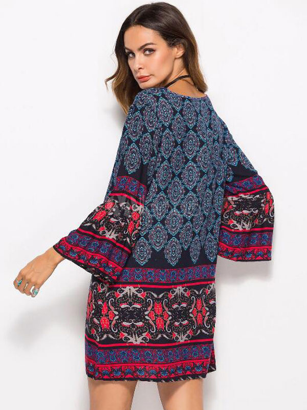 Boho Shift Dress Long Sleeve Printed Summer Dress - Milanoo.com