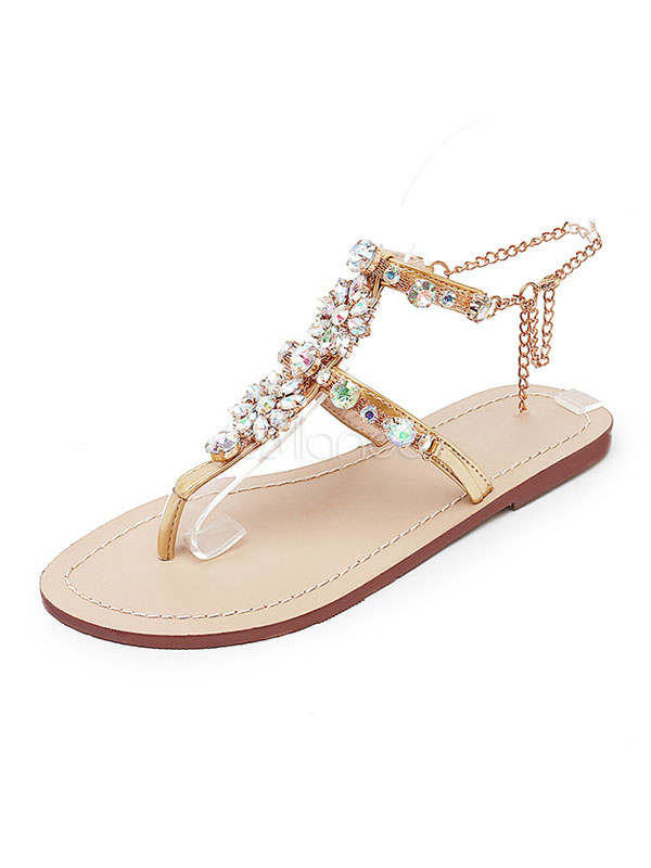 Women Flip Flops Gold Rhinestones T Type Slingback Flat Sandals ...
