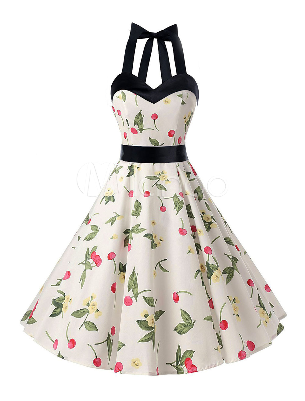 Cotton Vintage Dress Halter Cherry Print Retro Pin Up Dress - Milanoo.com