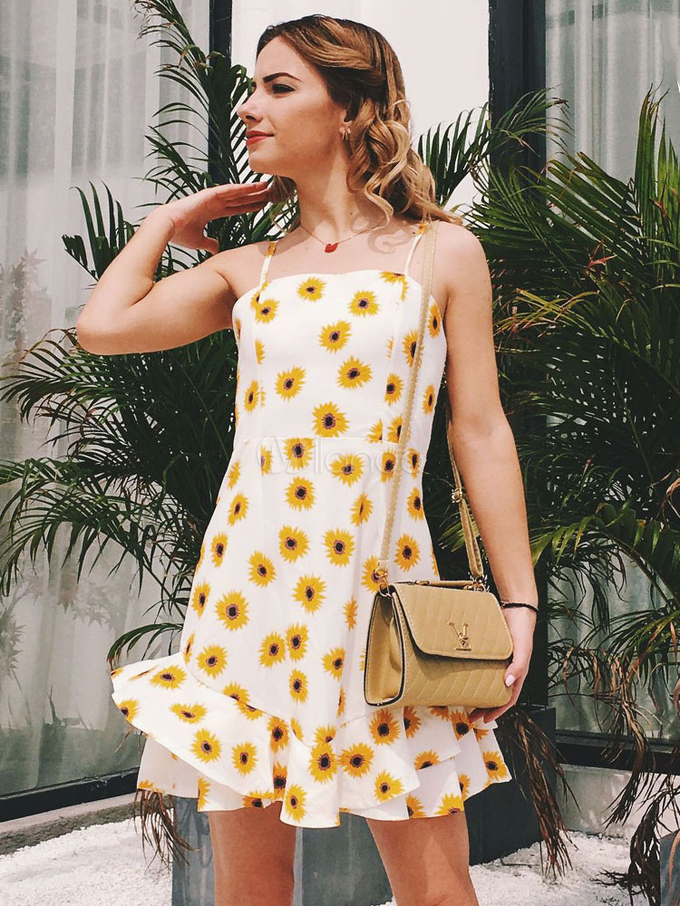 女性のミニワンピースストラップシフォンフリルプリントノット夏スリップワンピース Milanoo Jp