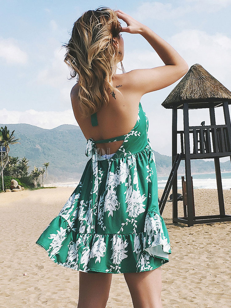 Robe d'été femme Halter dos nu imprimé vert Mini robe