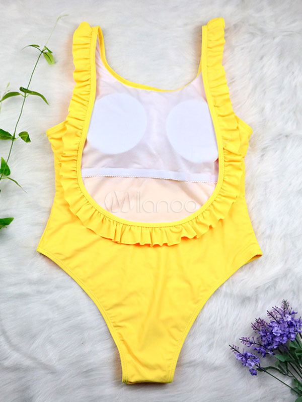 Women Sexy Swimwear U Neck Ruffles Backless Yellow One Piece Bathing ...