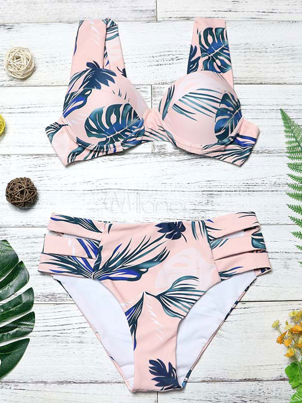 Women Sexy Swimwear Leaf Print Pink Two Piece Bathing Suit - Milanoo.com
