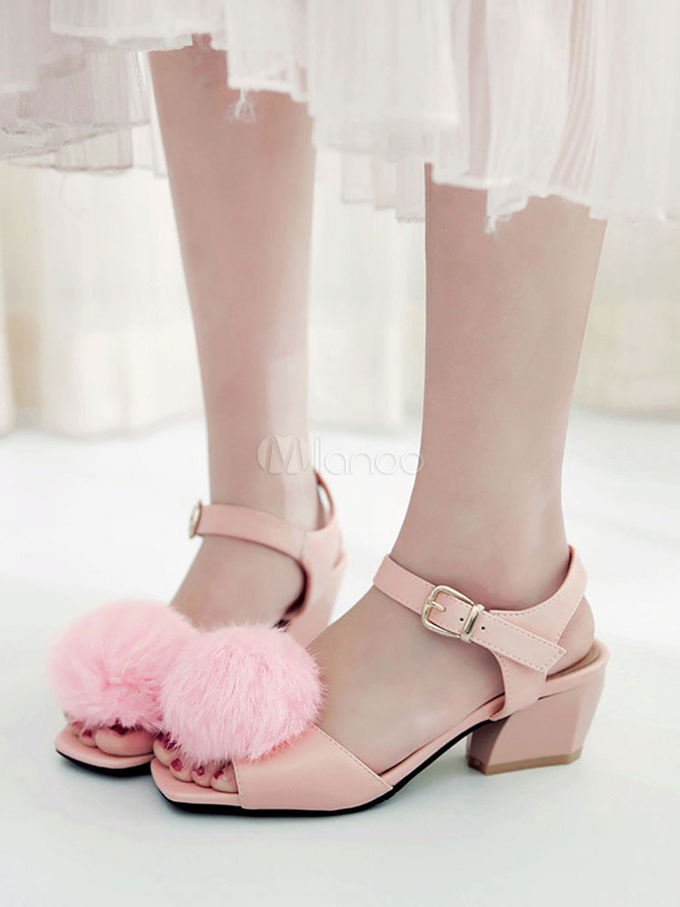 Sandalias rosadas de las mujeres punta abierta hebilla detalle sandalias de  tacón grueso zapatos con pompones - Milanoo.com