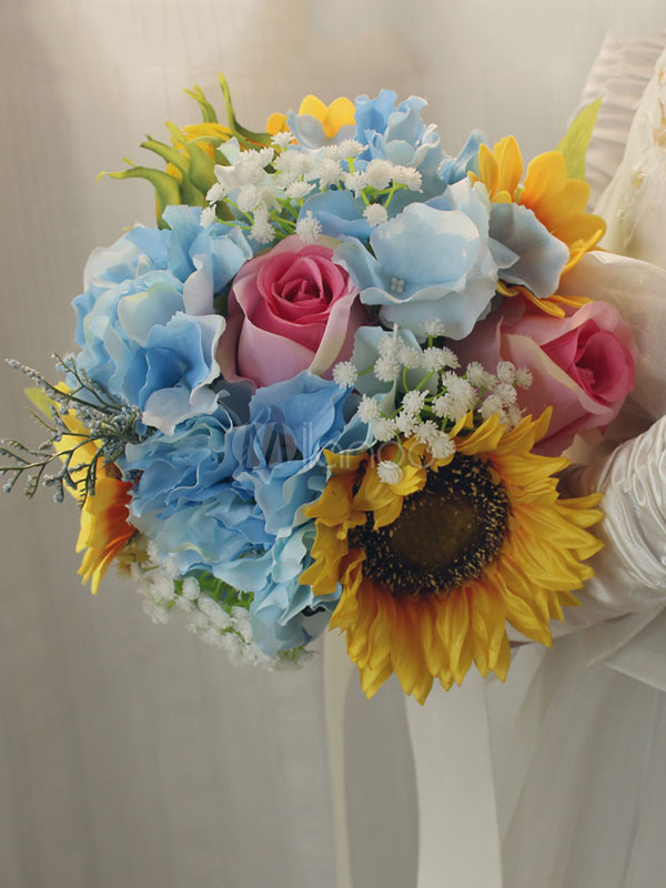 Fitas de buquê de casamento de girassol azul flores de mão de noiva -  Milanoo.com