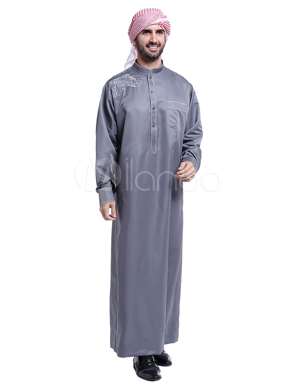 アラビア人男性ローブスタンドカラーロングスリーブ刺繍アバヤ