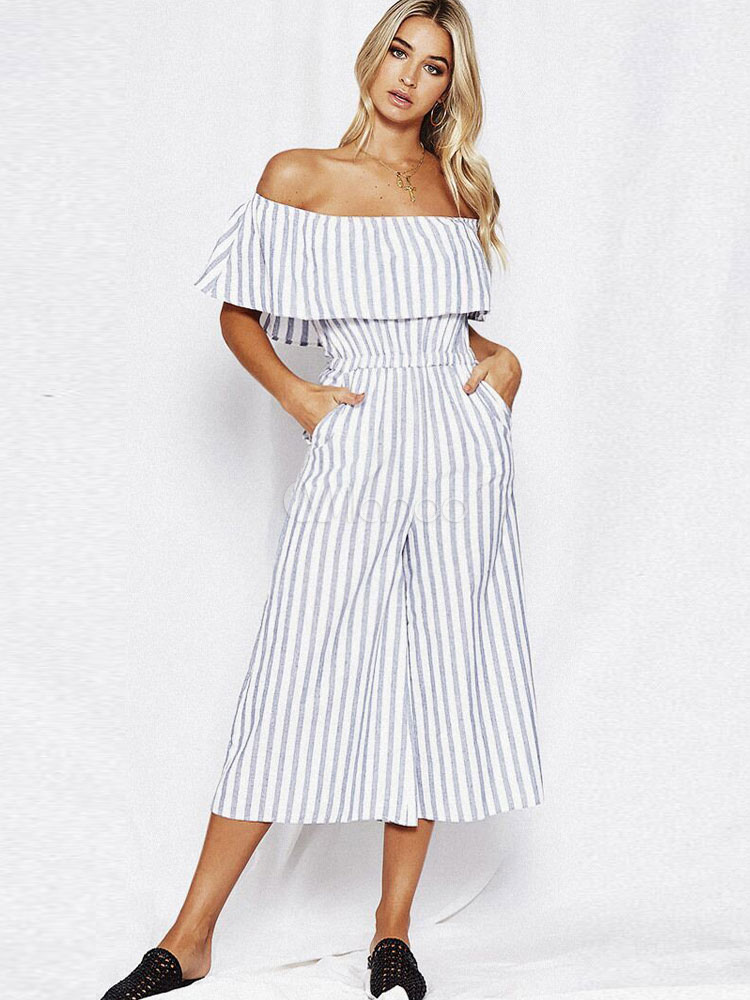 Women White Jumpsuit Off The Shoulder Striped Cropped Wide Leg Summer ...