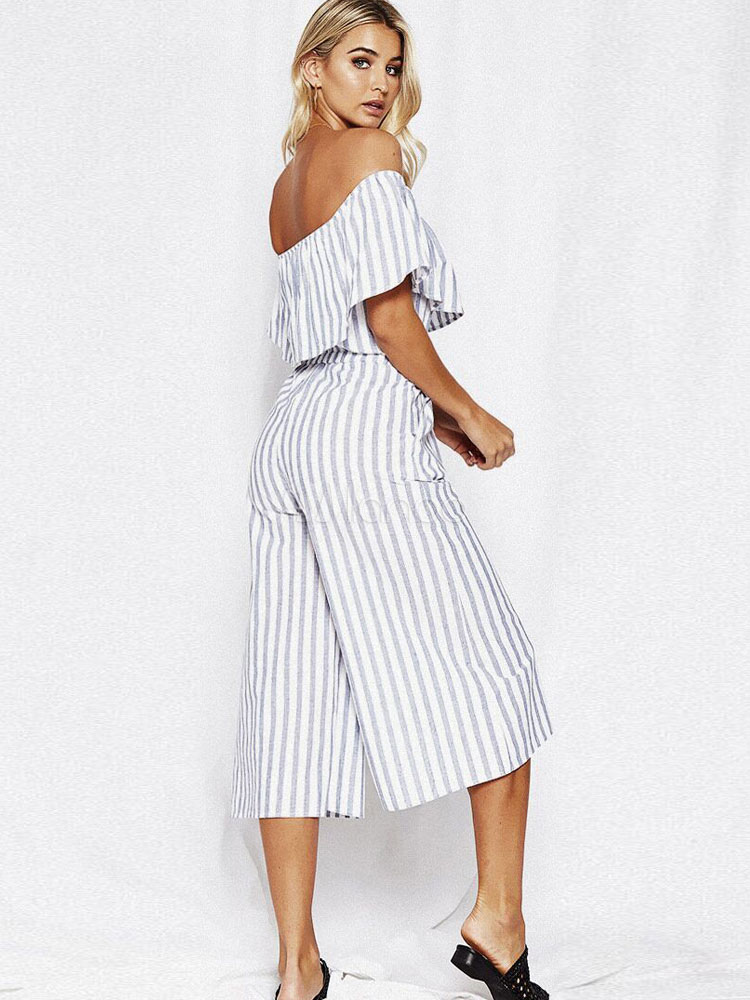 Women White Jumpsuit Off The Shoulder Striped Cropped Wide Leg Summer