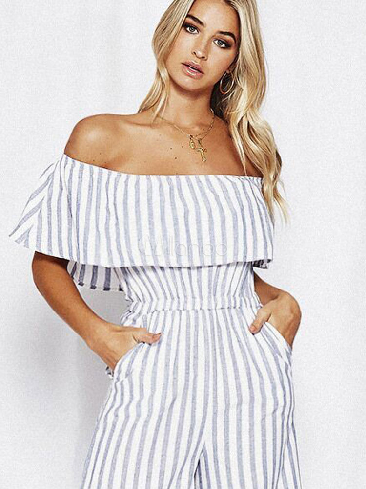 Women White Jumpsuit Off The Shoulder Striped Cropped Wide Leg Summer ...