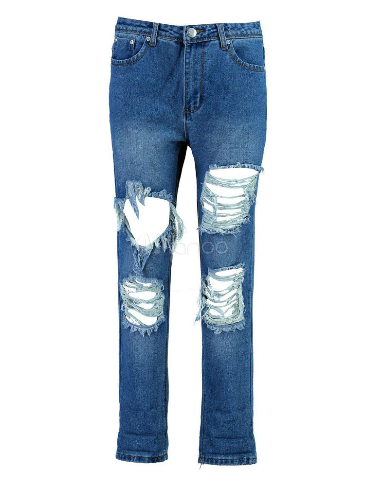Vita Alta Denim Jeans Strappati Donna Vita Alta, Gamba Dritta E
