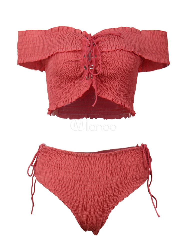 Two Piece Swimsuit Off The Shoulder Lace Up Pleated Women Swimwear
