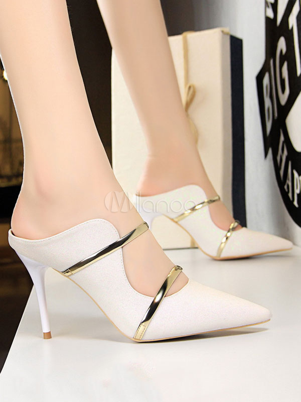 Women High Heels Glitter Pointed Toe Backless Slip On Mules - Milanoo.com