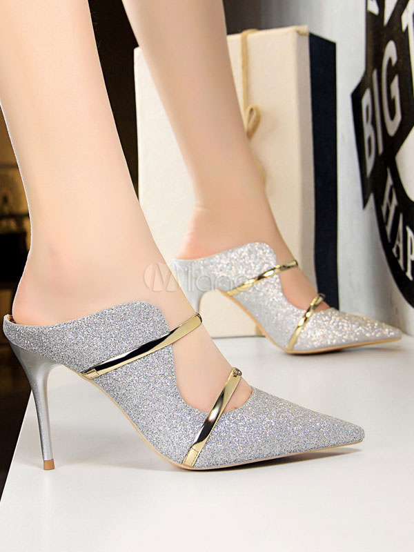 Women High Heels Glitter Pointed Toe Backless Slip On Mules