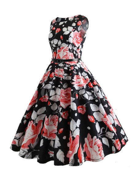 Floral Vintage Dress 1950s Swing Dress Belt Retro Midi Dress - Milanoo.com