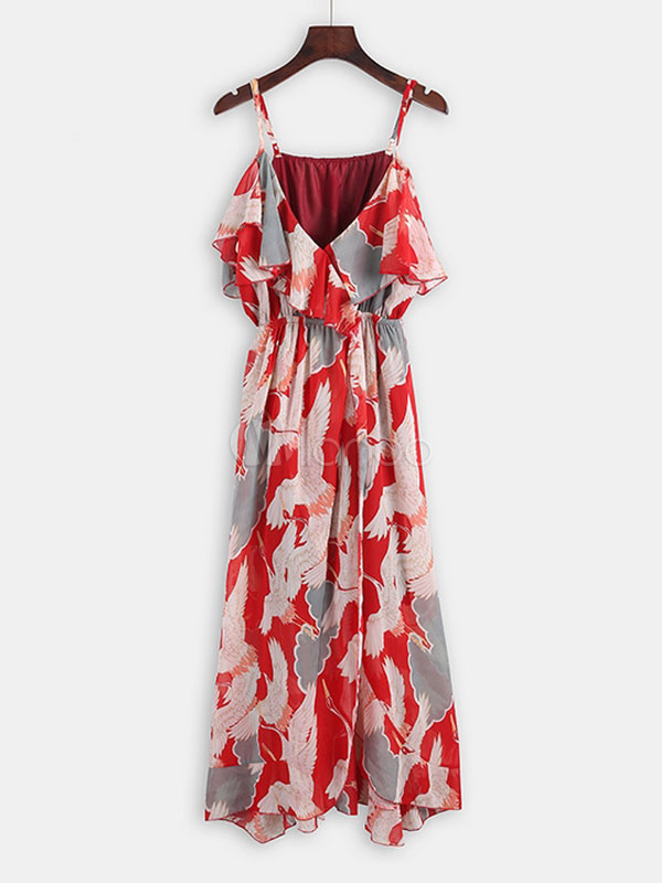 Long Summer Dress Red Straps Ruffles Chiffon Animal Print Slip Dress ...