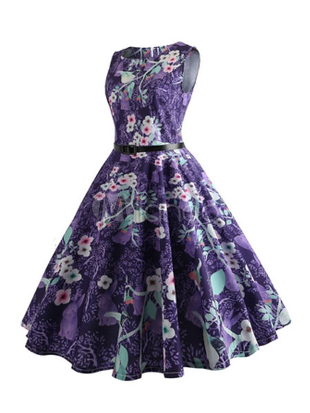 レトロワンピース 花柄 パープル ロカビリー ワンピース 1950年代 ヴィンテージワンピース ノースリーブ ラウンドネック 綿混紡 レディース ワンピース 二次会 発表会 お呼ばれ レディースファッション Milanoo Jp