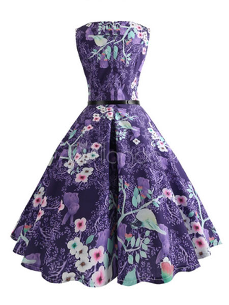 レトロワンピース 花柄 パープル ロカビリー ワンピース 1950年代 ヴィンテージワンピース ノースリーブ ラウンドネック 綿混紡 レディース ワンピース 二次会 発表会 お呼ばれ レディースファッション Milanoo Jp