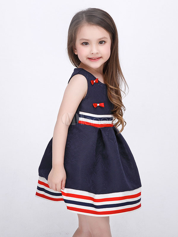 Kids Party Dresses Dark Navy Sleeveless A Line Striped Bows Little ...