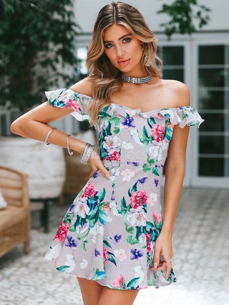 Floral Mini Dress Chiffon Bardot Dress Off The Shoulder Ruffles ...