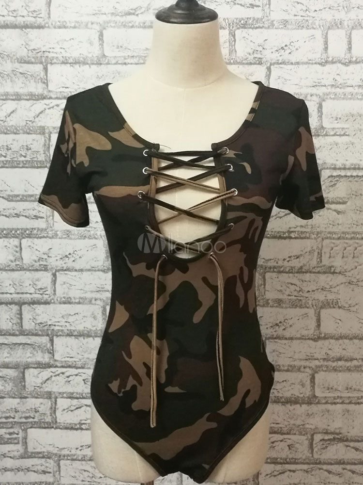 Women Camo Bodysuit Lace Up Short Sleeve Sexy Summer Top