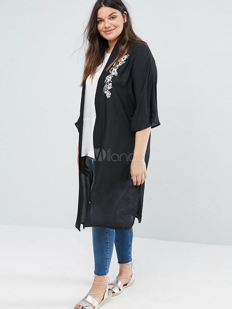 Size Kimono negro cubierta de verano para mujeres - Milanoo.com