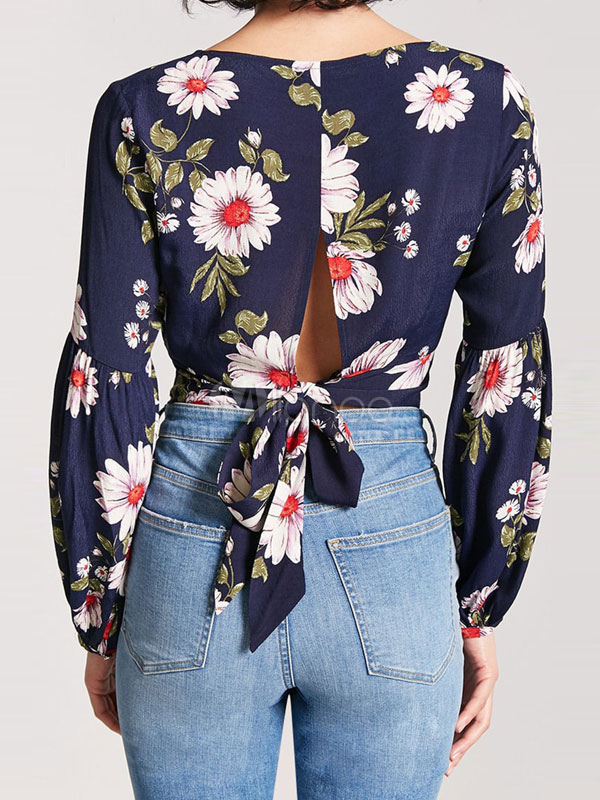 Women Floral Blouses Long Sleeve Knotted Blue Casual Top