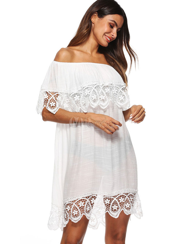 Women White Cover Up Half Sleeve Lace Off The Shoulder Beach Dress ...