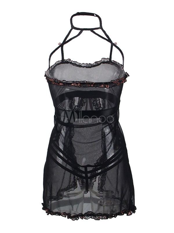 Black Teddies Dress Bow Sheer Halter Open Back Sexy Body Lingerie ...