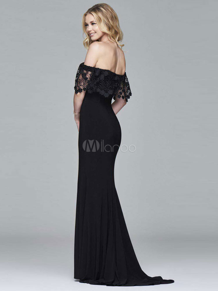 Black Evening Dress Off The Shoulder Lace Split Bardot Maxi Dress ...