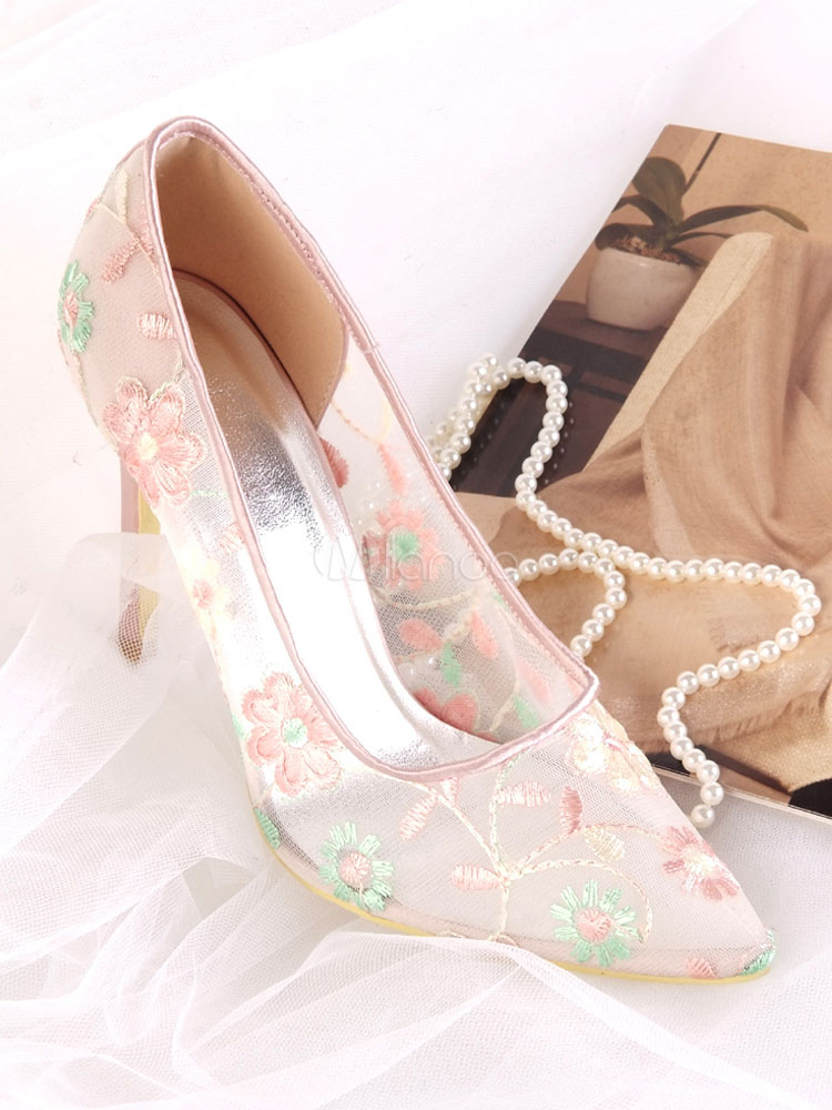 Women High Heels Pink Wedding Shoes Pointed Toe Flowers