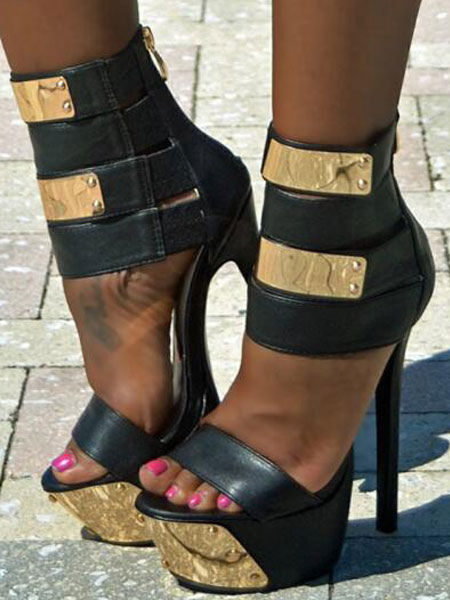 Zapatos de Fiesta | Zapatos de plataforma sexy negro punta abierta detalle de metal sandalias de correa de tobillo sandalias de tacón alto de mujer - ZZ48662