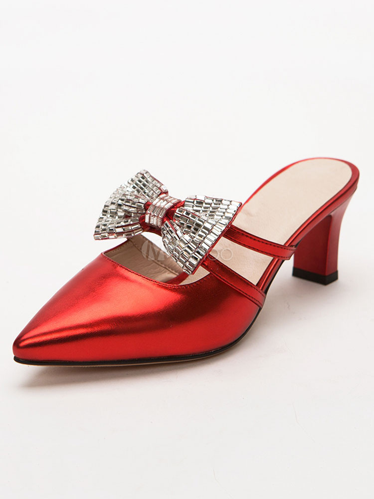 Gold Women Mules Shoes Pointed Toe Rhinestones Bow Backless Heels