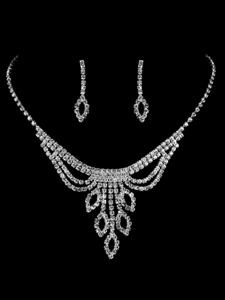 Set Gioielli Da Sposa Reaky In Argento Con Strass, Collana Regolabile 30+15 Cm, Orecchini, Per Matrimonio E Occasioni Speciali