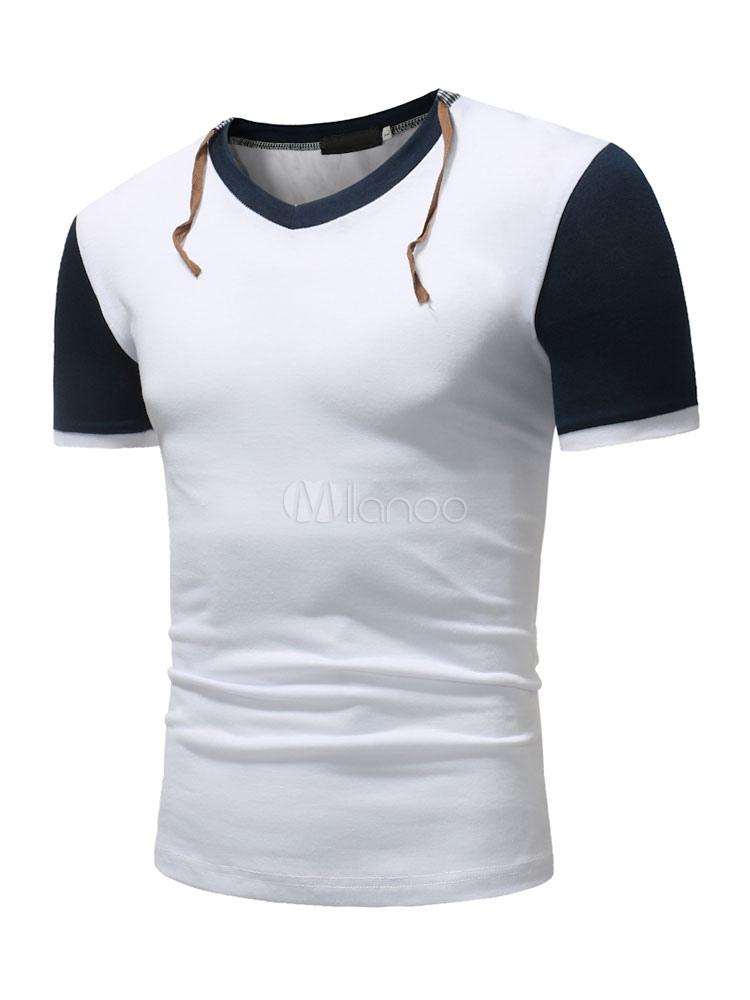Short Sleeve T Shirt V Neck Color Block Casual Top Slim Fit Men T Shirt ...