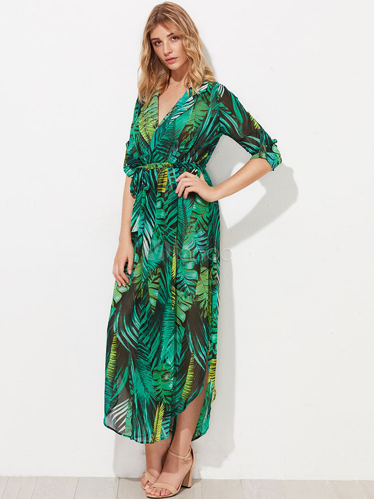 Chiffon Maxi Dress V Neck Leaf Print Green Tropical Dress - Milanoo.com