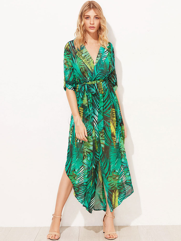 Chiffon Maxi Dress V Neck Leaf Print Green Tropical Dress - Milanoo.com