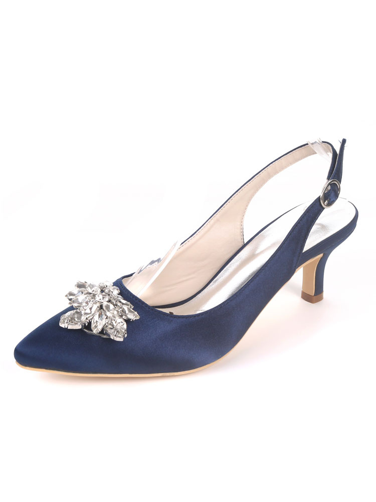 Satin Mother Shoes Ink Blue Pointed Toe Rhinestones Slingbacks Kitten ...
