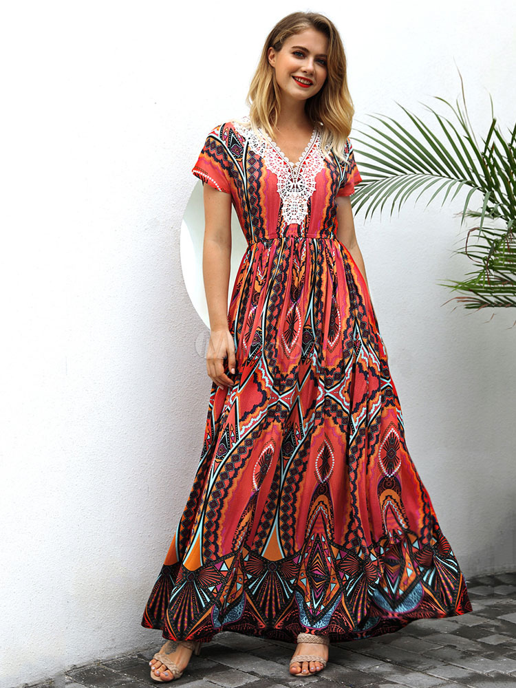 Robes d'été 2022 manches courtes col en V imprimé robe Boho Maxi