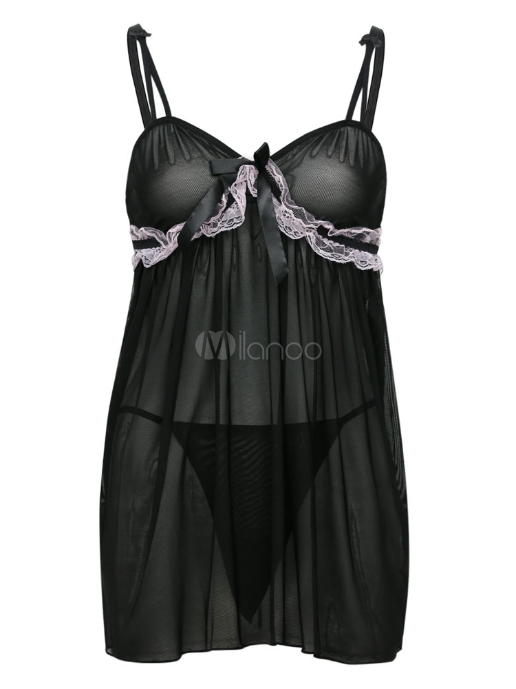 Sexy Black Babydoll Lace Bows Nylon Two Piece Lingerie - Milanoo.com