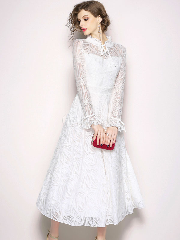 White Lace Dress Long Sleeve Ruffles Stand Collar Solid Color Long ...
