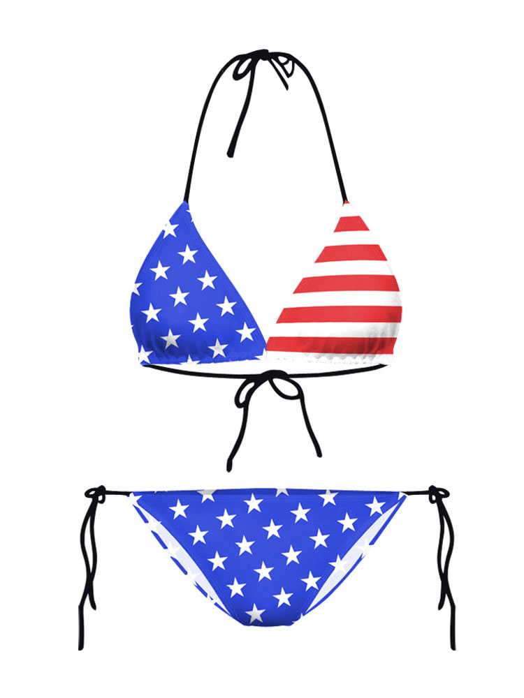 Women's Clothing Swimsuits & Cover-Ups | String Halter Flag Print Blue Triangle Sexy Bikini Swimwear - XO89910