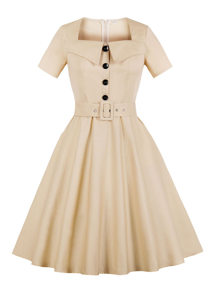 Mode Femme Robes | Robes de Vintages 1950s Femmes Courtes à Col Carré avec Manches Courtes Coupe Cintrée avec Ceinture Bas Evasée Unicolore Blanche Robes de Rétros - XN89513